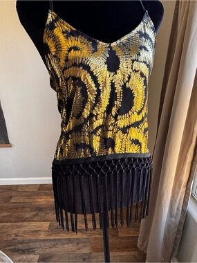 Astr Metallic Gold & Black Fringe Tank Top